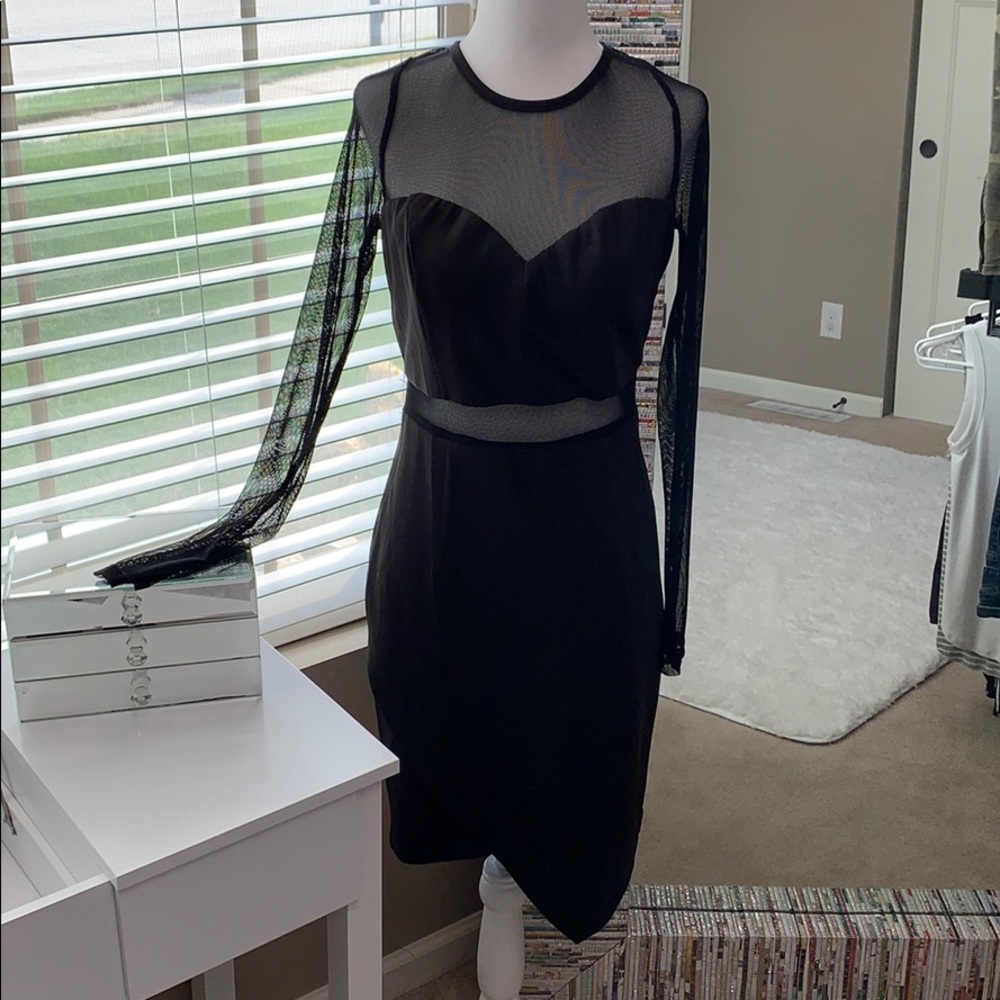 Black mini dress, long see through sleeves size L